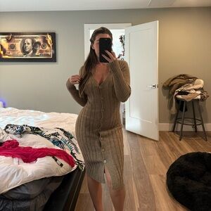 Brown Ribbed Sweater Button-Up Dress